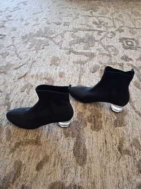 Zara Black Stretch Sock Booties with Clear/Lucite Acrylic Round Block Heel
